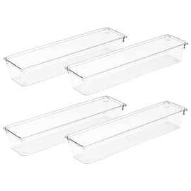 Amtido 4 Pack Drawer Organisers - Sturdy Clear Plastic - Versatile Storage for Kitchen, Bathroom, Utensils, Makeup, Office, and Desk Accessories (7.6cm x 30.5cm x 5.1cm)