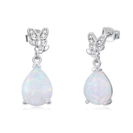 Motiel Opal with Diamond Stud Earrings 925 Sterling Silver Butterfly with Teardrop Opal Dangle Stud Earrings Fine Jewelry Gift for Women