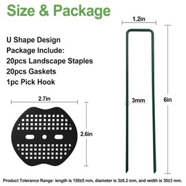 FOTMISHU Landscape Staples 6 Inch 20pcs Garden Stakes + 20pcs Gasket, Lawn Pins with Spray Coating Craft, 11Gauge Anti-Rust Ground Yard Spikes Anchoring for Outdoor Tents Irrigation Hoses (Green)