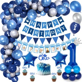 1st Birthday Decorations for Boys,First Birthday Party Decoration with Baby Month Photo Banner, Blue Silver Latex Balloons,Happy Birthday Banner,Star Foil Balloons for Boy Baby Shower