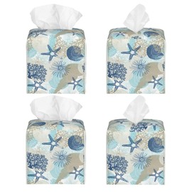 POIUBLE Tissue Box Holder Corals and Seashells Tissue Box Cover Square Leather Tissue Holder Organizer Portable Decorative Facial Paper Case for Home Office Bathroom Vanity Countertop