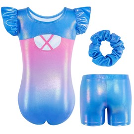 Gogokids Girls' 3-Piece Flutter Sleeve Gymnastics Set - Children's Gymnastics Jerseys with Colour Gradient Sequins & Glitter Design, Gymnastics Costume Set Includes Jersey, Shorts and Headband for
