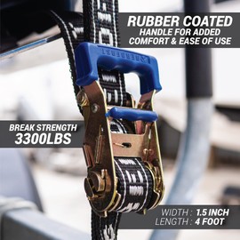 REAR TRANSOM BOAT TRAILER STRAPS RATCHET TIE DOWNS STRAP, Made in NZ - 1.5" x 4’ Heavy Duty Rear Transom with PVC Hooks For Trailered Boats, Pontoons & Jetskis - 3,300lbs Break Strength - (Pair) Black
