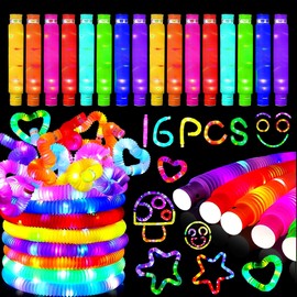 Pack of 16 Glow Stick Pop Tubes, LED Pop Tubes Fidget Toys, Party Supplies Glow Sticks, Glow Sticks Bracelets Party Decoration Set, Colourful Sensory Toy Pop Tubes Party Bag Children's Birthday Party