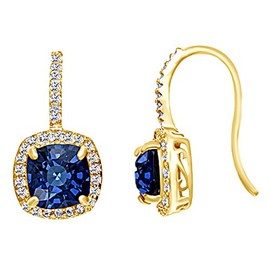 Cushion Cut Simulated Blue & White Sapphire Drop Earrings In 14K Yellow Gold Over Sterling Silver