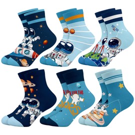 Queenshin Space Boys Socks 8-10 Years Old Ankle Socks 6 Pairs Crazy Sock for Kids No Show Cartoon Sock Fun Cute Novelty Cotton Birthday Christmas Gift