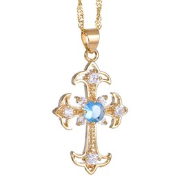 RIZILIA Crucifix Cross Pendant with 45cm(18") Chain & Round Cut Gemstones CZ [Aquamarine] in 18K Yellow Gold Plated, Simple Modern Elegance