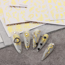 6 Sheets Gold Nail Art Stickers, Flowers Leaf Sun Moon Stars Line Nail Self-Adhesive Sticker Design, 3D Gold Moroccan Style Nail Transfer Decals Supplies for Women Girls Manicure Charms Decorations