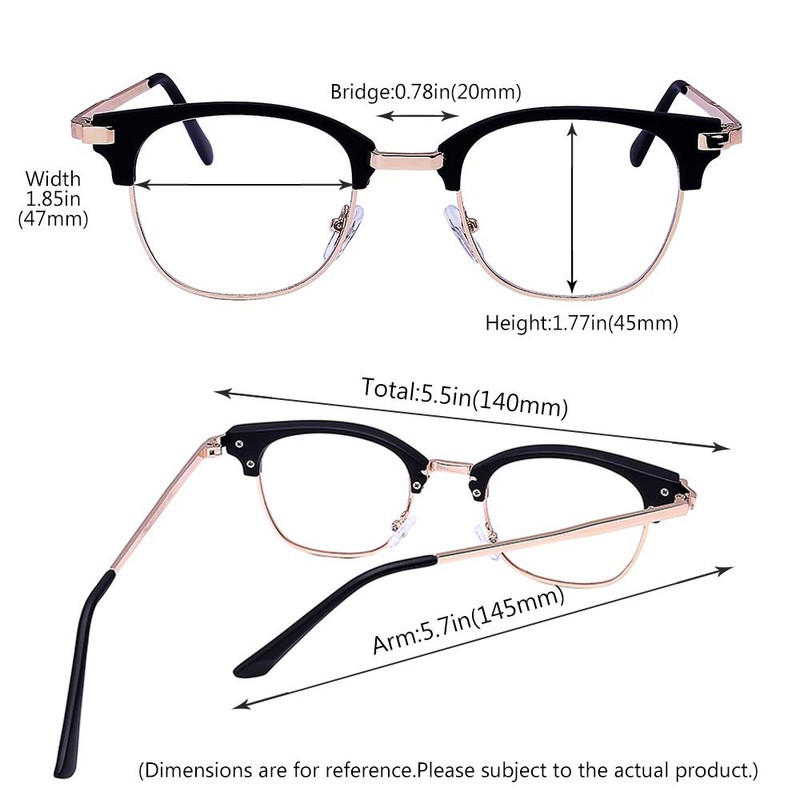 ALWAYSUV Retro Metal Semi-Rimless PC Clear Lens Unisex Glasses Black