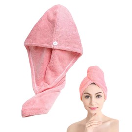 KEMUZ 1 x Microfibre Hair Towel, Super Absorbent Hair Turban for Wet Hair, Turban Towel with Button, for Home, Travel, Gym (Pink)