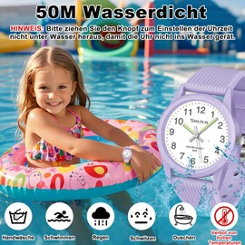SOCICO Children's Analogue Watches for Girls Boys Children Watches with Soft Band Learning Time 50 m Waterproof Easy to Read for Age 4-12 Child Birthday Gift, purple, Minimalist