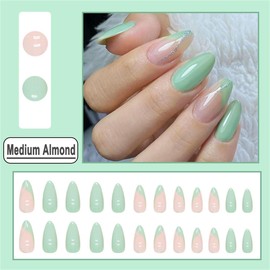 DOCVOEOMH Almond Shaped Press on Nails Medium French Light Green Acrylic Fake Press Ons Nails with Glitter Design Glue on Full Cover Artificial False Stick on Nail for Girls Women Daily Wear 24PCS