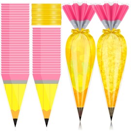 Demonwer 50 Pcs Back to School Cone Cellophane Bags 11.8x6.3 Inch Pencil Cone Shaped Candy Cookie Goodies Gift Plastic Popcorn Bags with Gold Twist Ties for Treats Popcorn Candy