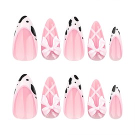 SINHOT Almond Press on Nails Medium - 3D Pink Bow & Cow Print Stiletto Nail Art, DIY Fake Nails with Glossy Glue on Nails, Design Full Cover Press on Nails 24pcs