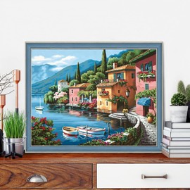 Jakener Seaside City Cross Stitch Kits for Adults Beginners - Scenery Embroidery Kits for Adults Beginners,11CT Counted Embroidery Needlepoint Kits DIY Home Decor 12x16 Inch