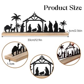 Zmupl Nativity Scene Set for Christmas Decorations Indoor, Black Metal Nativity Set Wooden Plaque Christmas Table Centerpiece Xmas Party Indoor Decor Supplies (33 * 6 * 1cm)
