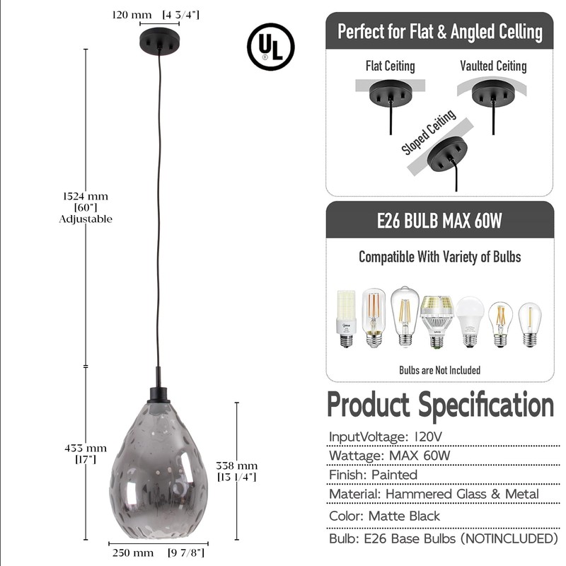 Homebelife Smoked Grey Hammered Glass Pendant Light Modern Matte Black