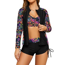 SHEKINI Women's 3-Piece Rash Guard Long Sleeve Swimsuits with Drawstring Short, Black and coloured leaves