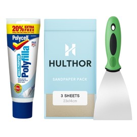 Polycell Polyfilla Wall Repair Kit – 396g Ready Mixed Filler Tube with Hulthor 3" Professional Scraper & 3x Sandpaper Sheets – DIY Crack Filler Bundle for Plaster, Walls, Masonry & Brickwork