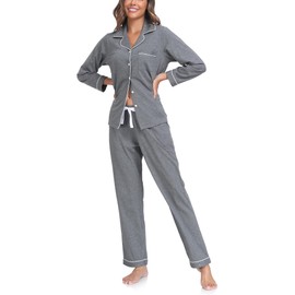 COLORFULLEAF Women's 100% Cotton Long Sleeve Pajama Sets Button Down Notched Collar Sleepwear Soft Lounge Pjs with Pockets (Dark Grey,S)