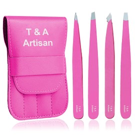 T&A Artisan Eyebrow Tweezers Stainless Steel Set - 4 Piece Professional Precision Tweezers for Eyebrows Facial Hair & Ingrown Hair Removal Splinter & Tick Remover False Eyelashes Tools for Men and Women (Pink)