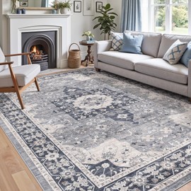 DEXI Area Rug Washable, 5x8 Non Slip Living Room Rugs Low Pile, Soft Floral Accent Carpet for Rustic Vintage Farmhouse Bedroom Hallway Dining Hardwood Floors, Blue