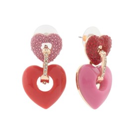 Betsey Johnson Valentine's Day Double Heart Mismatch Earrings, Red and Pink, Crystal Accents