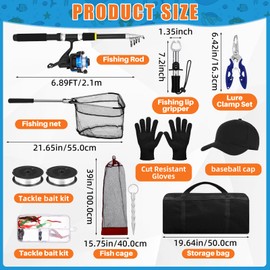 LaRandom Telescopic Fishing Rod and Reel Combo 2 Pcs Collapsible Fishing Pole Kit with Plier Lip Gripper Lures Carrier Bag Pre-loaded Spinning Reel for Beginner Men Travel Saltwater Freshwater(6.89ft)