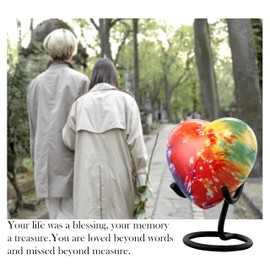 Tie Dye Heart Urn for Human Ashes - Small Cremation Keepsake for Women, Men, Baby, and Pets - Colorful Memorial Heart Shaped With Stand, Velvet Case - Handcrafted Metal Mini for Ashes