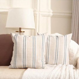 AELS 16x16 Decorative Farmhouse Linen Throw Pillow Covers, Boho Textured Pillow Case, Set of 2, Beige with White & Navy Blue Stitch Yarn Dyed Stripe Cushion Cover for Couch Living Room (Cover ONLY)