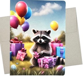 Raccoon Birthday Card (1 Premium Card, 5X7 Inches, Blank Inside) Happy Raccoon with Birthday Balloons and Gifts ready for a party - 655