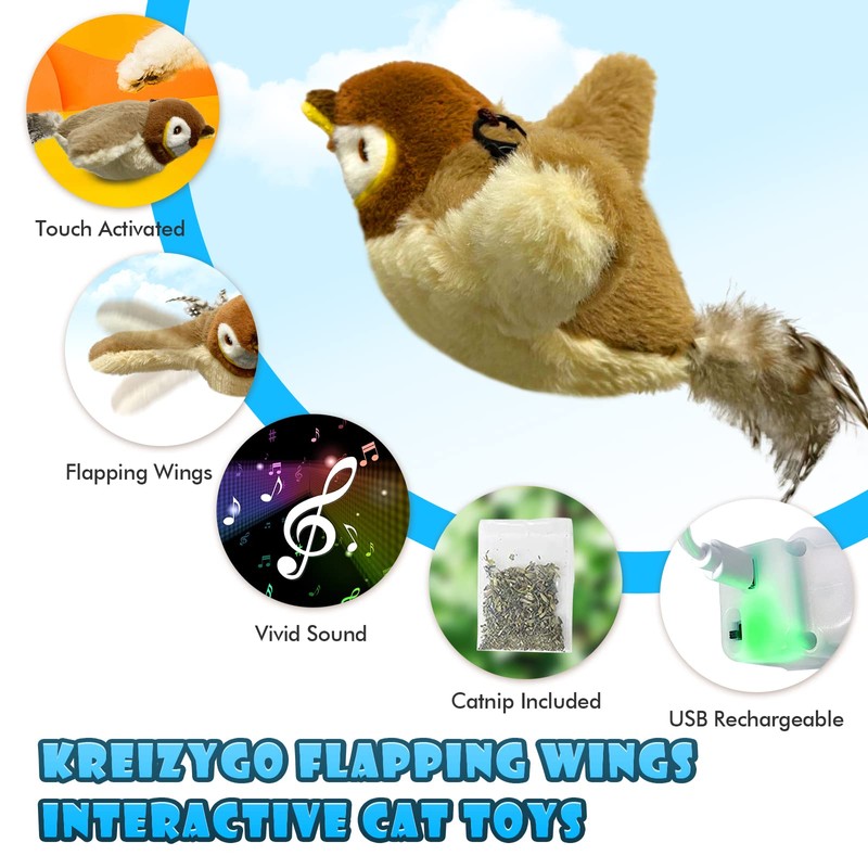 KreizyGo Cat Toys, Flapping Wings Sparrow Catnip Toys, Vivid Chirping,