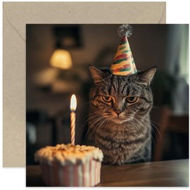 Funny Birthday Cards for Her, Unimpressed Cat with Cupcake Design, Humorous Gifts for Men and Women, Presents for Dad Mum Son Daughter Brother Sister - Blank Inside