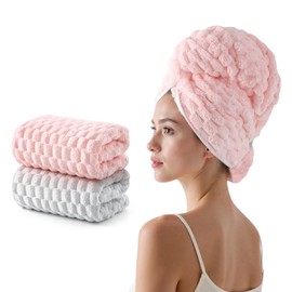 REDKISS 2 Pack Microfiber Hair Towels - Extra Large Hair Towel Wrap for Women, 24x42 inch Pink Hair Towels with Elastic Strap, Super Soft Grey Hair Drying for Long, Curly Anti Frizz Turbans