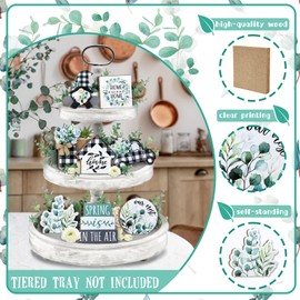 Guoofu Spring Tiered Tray Decor, Farmhouse Eucalyptus Leaves Tray Decorations, Spring Gnome Wreath Buffalo Plaid Mason Jar Truck Wooden Signs, Rustic for Home Table Shelf Mantel Party