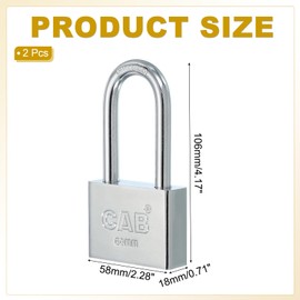 PATIKIL Keyed Padlock 58mm (2-1/4"), 2 Pcs Keyed Different Locks Stainless Steel Pin Tumbler Padlocks Long Shackle with Keys for Indoor Outdoor Doors, Silver