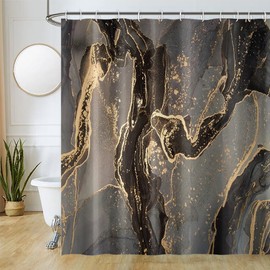 Uiiooazy Shower Curtain Black Gold Marble-Look Abstract Marbled Shower Curtain Bathtub Anti-Mould Waterproof Polyester Fabric Washable Opaque Bathroom Curtain with Rings 150 x 200 cm