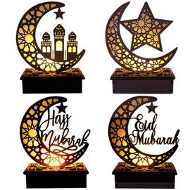 4 Pcs Eid Wooden LED Ornaments Eid Mubarak Ramadan Decoration for Home Islamic Muslim Party Decor Supplies