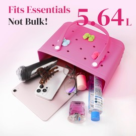 Fynqor Small Beach Bag with 3 Charms Waterproof Rubber Tote Bag for Women Durable Lightweight for Swim, Gym & Daily Use (Hot Pink)