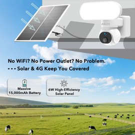 Solar Powered 3G/4G LTE Floodlight Security Camera No WiFi, Built-in 64GB SD Card & SIM Card, Wireless PTZ Outdoor, 2K Color Night Vision, 1500LM Spotlights, Ideal for Farms/Barns/Off-grid Sites