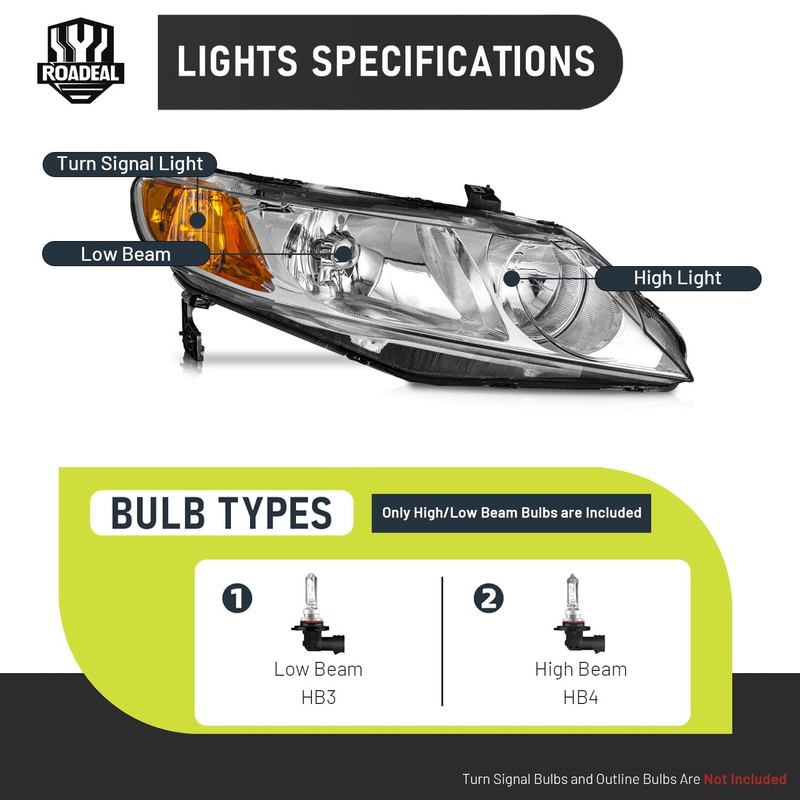 ROADEAL Headlights W/Bulbs for 2006-2011 Honda Civic 4-Door Halogen Headlamp
