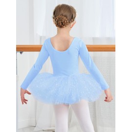 Gorchnc Ballet Outfits for Girls Toddler Ballet Dance Leotard with Tutu Skirt Long Sleeve Ballet Dress Glitter Dance Outfit Blue