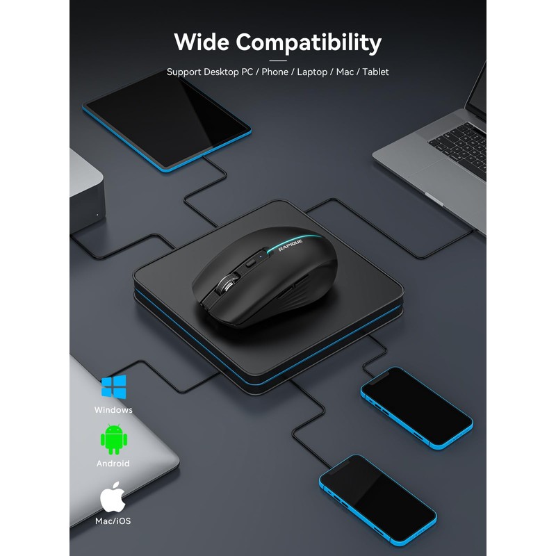RAPIQUE Bluetooth Wireless Mouse - (BT1/BT2+USB) Tri-Mode High Performance, Rechargeable,