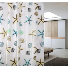 Shower curtain 64 x 70 inches (165 x 180 cm. Polyester, water proof, anti-mold, stylish. Hooks. Easy to put up. Clean feel. For unit baths. Quick drying. Drop of water. Summer. Sea. Blue. Hawaii.