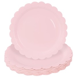 HEIPINIUYE 50 Pieces Light Pink Paper Plates 9 Inch Pink Scalloped Plates Disposable Dinner Plates for Wedding Baby Shower Birthday Party Dessert Plates