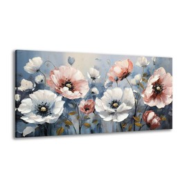 BYXART Pink & White Flower Canvas Painting Stunning Flower Canvas Wall Art In Light Blue-Gray Tone Background Floal Picture Abstract Artwork for Bedroom Living Room Office Bathroom Wall Decor 40Lx20W