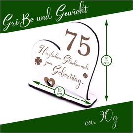 Dekolando 75 Jahre Deko Herz Aufsteller 15cm x 15cm - Geburtstag 75er weiß Holz Tischdeko zum verschenken