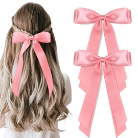 vivinin 4pcs Solid Silky Satin Hair Bows for Women, Hair Ribbon Clip with Long Tail, Ribbon for Hair Daily Wear, Pink Hair Clips for Women Hair Accessories for Women Girls Gifts
