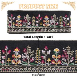 CABODYALS 4.57M 65mm Black Embroidered Ribbon Trim Tape Floral Jacquard Ribbons Flower Embroidery Boho Woven Fabric Applique for Sewing Making Crafts Clothes Home Decor Diy Embellishment Supply