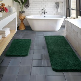 MIULEE Christmas Dark Green Microfiber Bathroom Rugs and Mats Sets 2 Pieces Extra Thick Non Slip Bath Mat Absorbent Soft Shaggy Washable Quick Dry Rug for Bath Room Floor Restroom, 16"x24"+16"x48"
